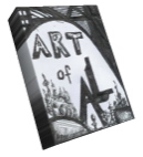 a hand drawn pen and ink logo reads art of al in capital letters. the style of drawing is abstract and surreal.   the method is impressionistic cross hatching.  we see darkness above an egg shaped highlight.  the words art of al are in the egg shaped spotlight.  in the spotlight, from left to right, we see a futuristic looking city on a slope, the figure of a person at the bottom of the slope, a sunflower, a slope superimposed over a square.  on the square there is another futuristic looking city.  the figure at the bottom of the slope is under the letter a.  the figure depicts the artist at a low point in his life at the time when this drawing was done.  the sunflower to the right of the figure represents the people and artifacts that brought joy and light to the life of the artist during his low period. 